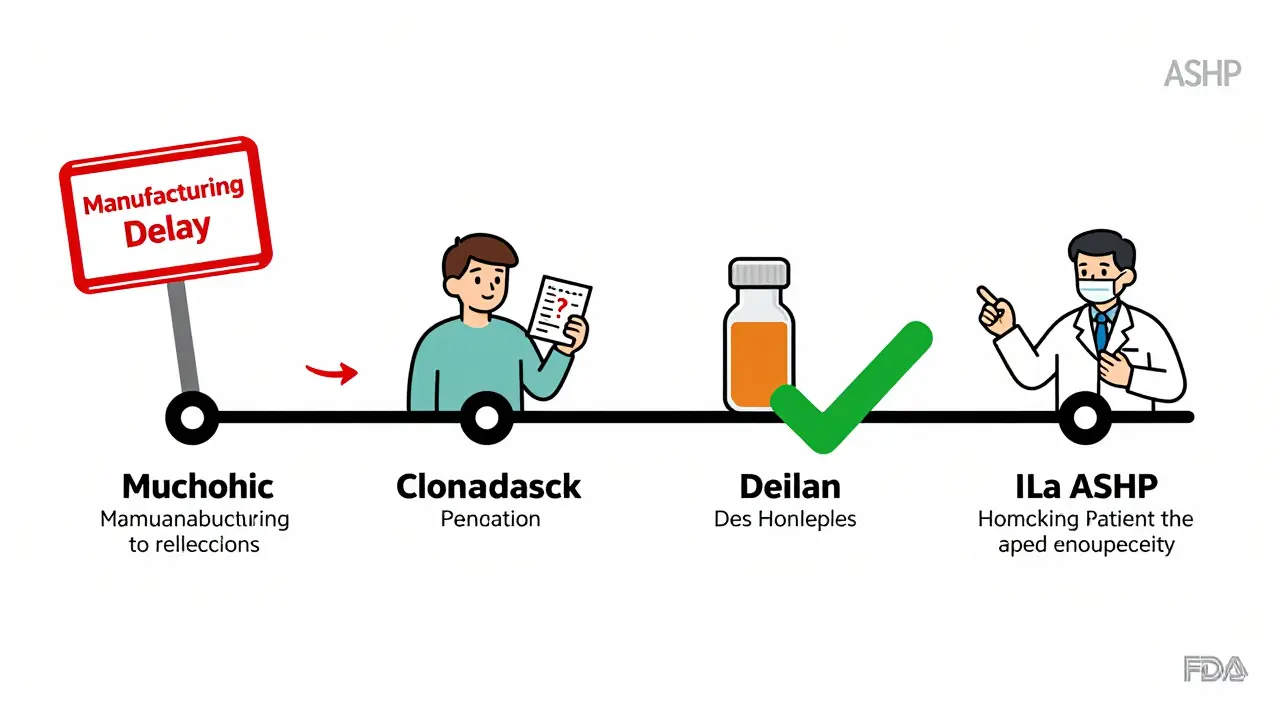 Timeline showing drug supply disruption with warning sign and pharmacist guiding patient to alternative.