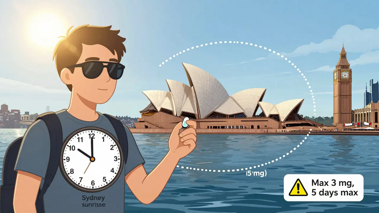 Traveler taking melatonin for jet lag while adjusting to new time zone with light exposure cues