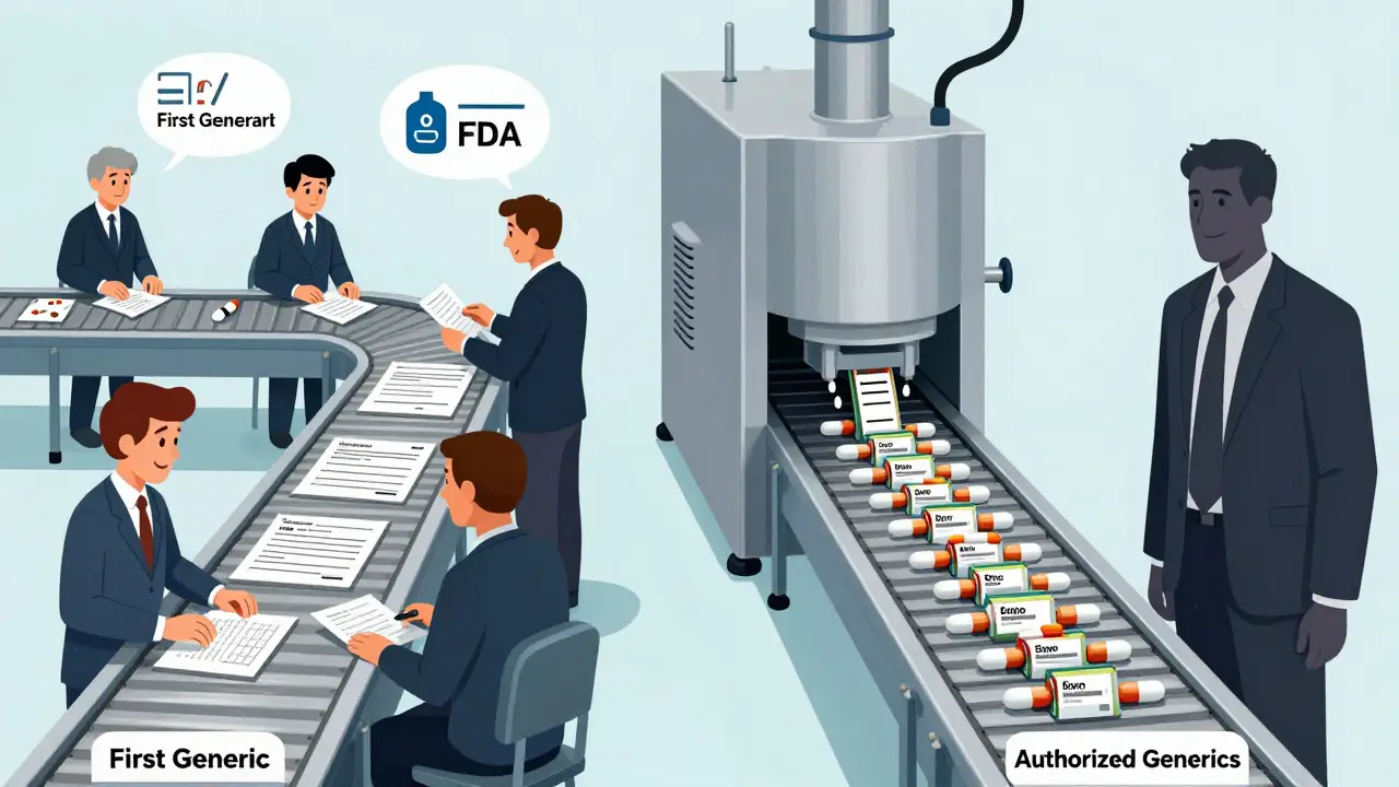 Two conveyor belts in a drug factory: one with legal hurdles for first generics, the other with seamless label change for authorized generics.