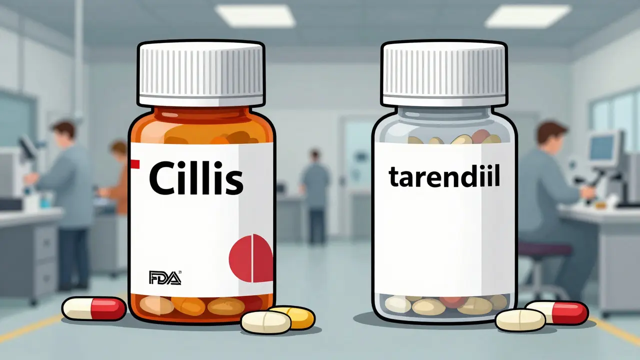 Two pill bottles side by side — branded and generic — containing identical pills with same color and imprint.