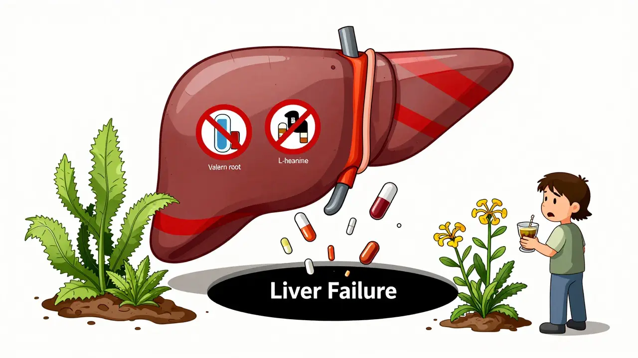 Warning sign shaped like a liver with dangerous medications falling in and safer alternatives growing safely on the sides.