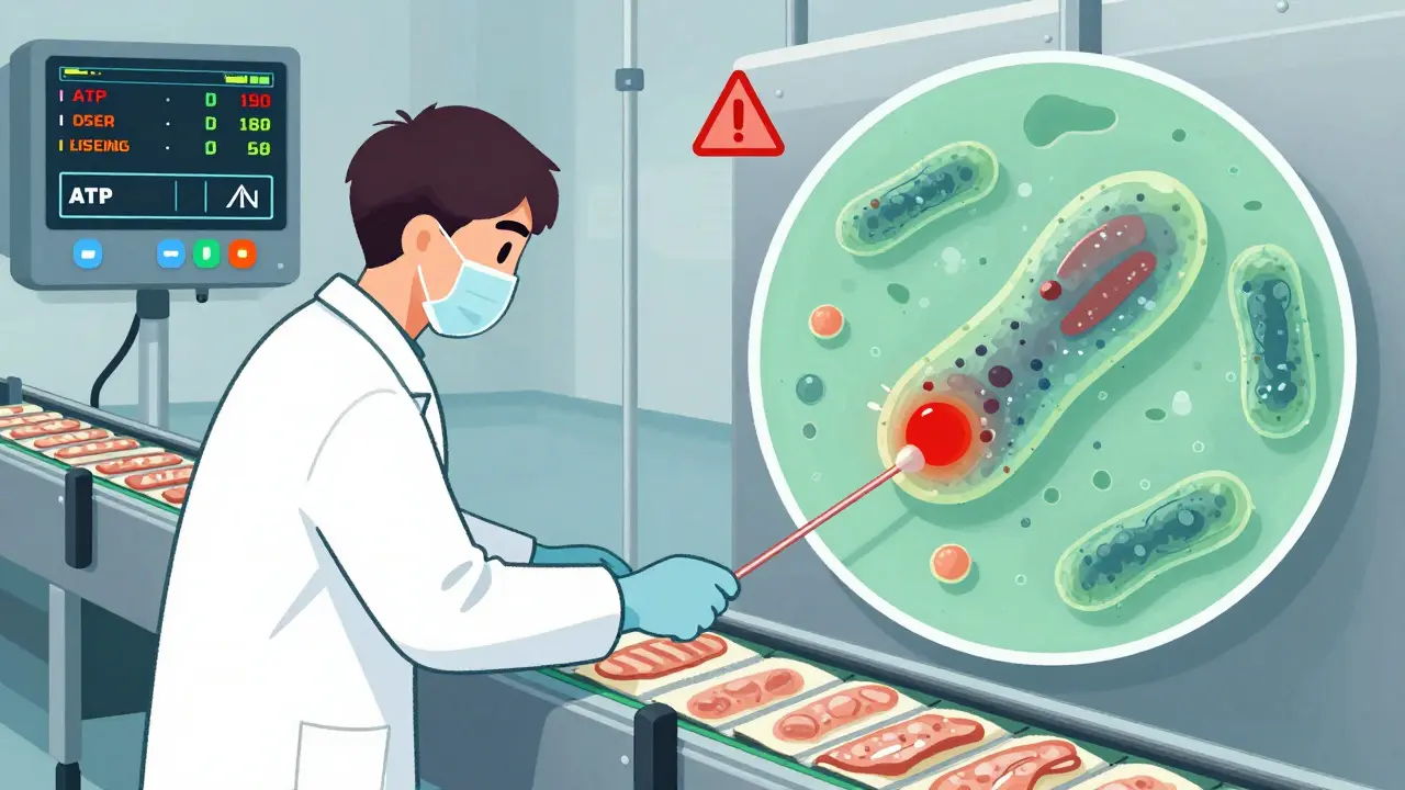 Worker using an ATP swab on a conveyor belt with live data dashboard displaying microbial and environmental readings.