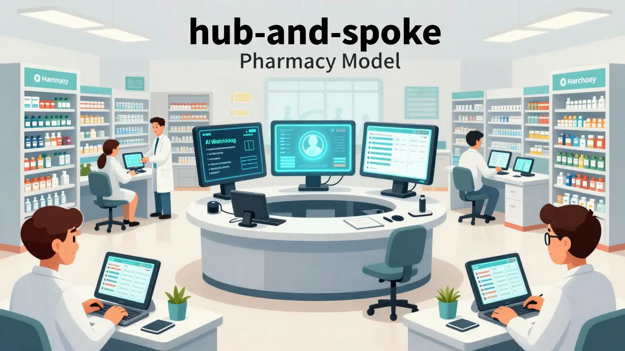 A central control hub with AI monitoring and analytics, connected to local pharmacies using synchronized patient records.