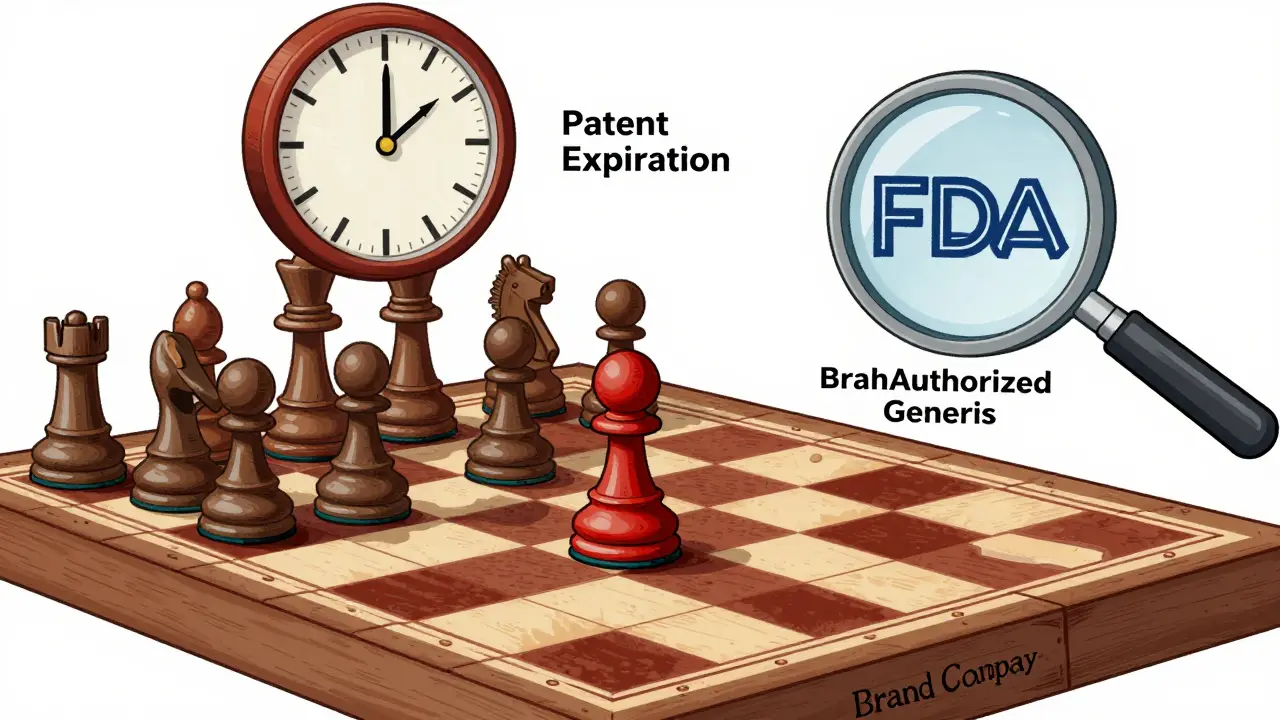 A chessboard metaphor showing a brand company playing a strategic move with an authorized generic to block generic competition.