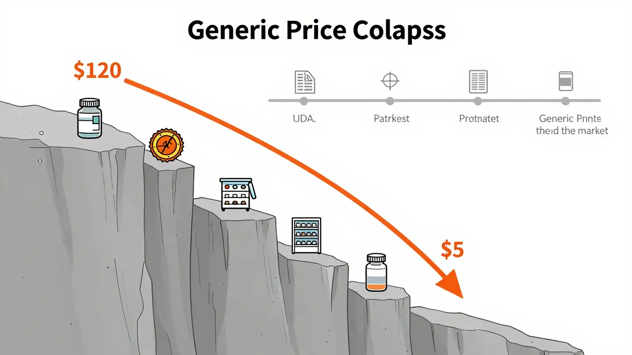 Graph showing brand drug price crashing as multiple generics enter the market.