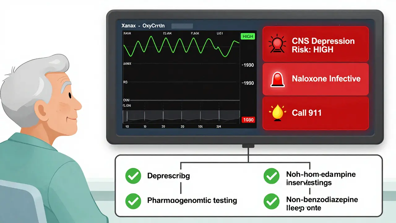 Hospital dashboard alerting high CNS depression risk from combined sedatives, with safe alternative options shown.