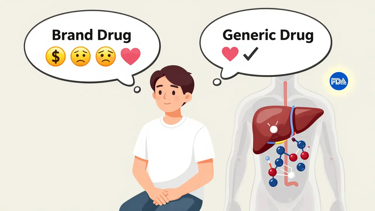 Patient’s thought bubble contrasting brand and generic drugs with health outcomes and FDA approval.