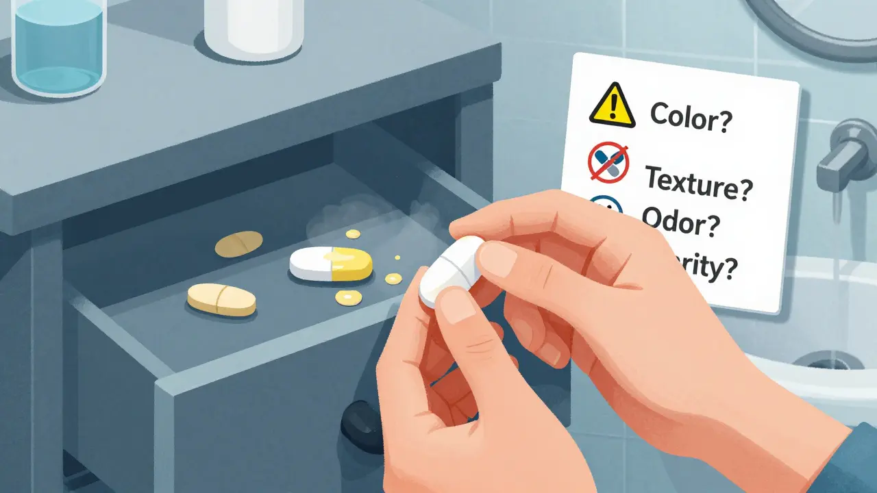 Person checking pills for signs of degradation, with visual checklist and storage environment contrast.