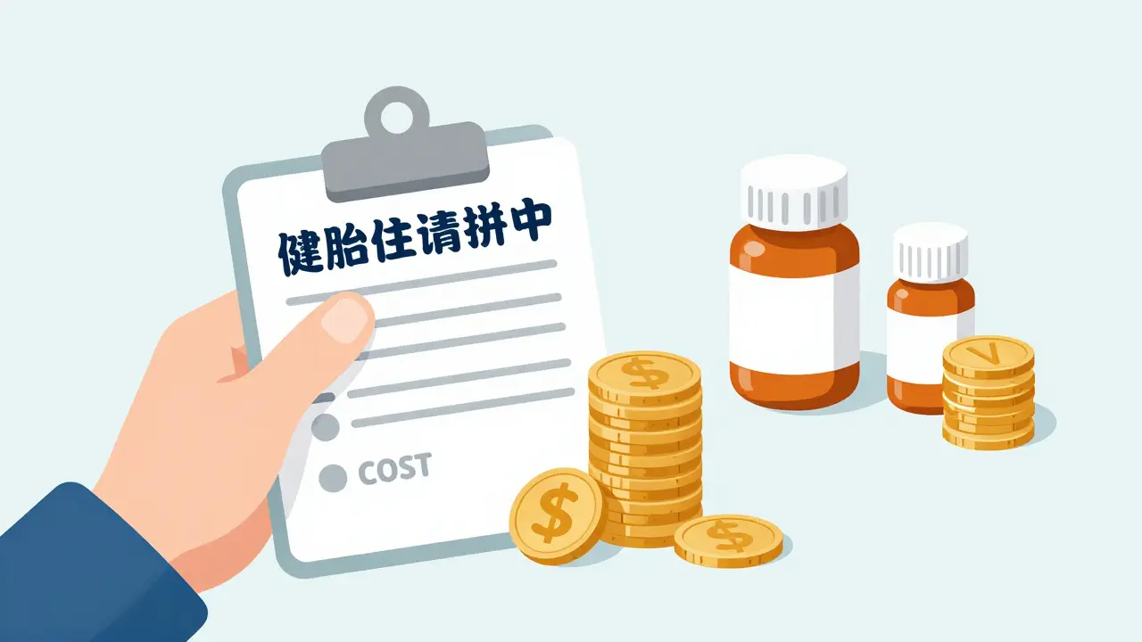 Person holding prescription with coins representing medication savings