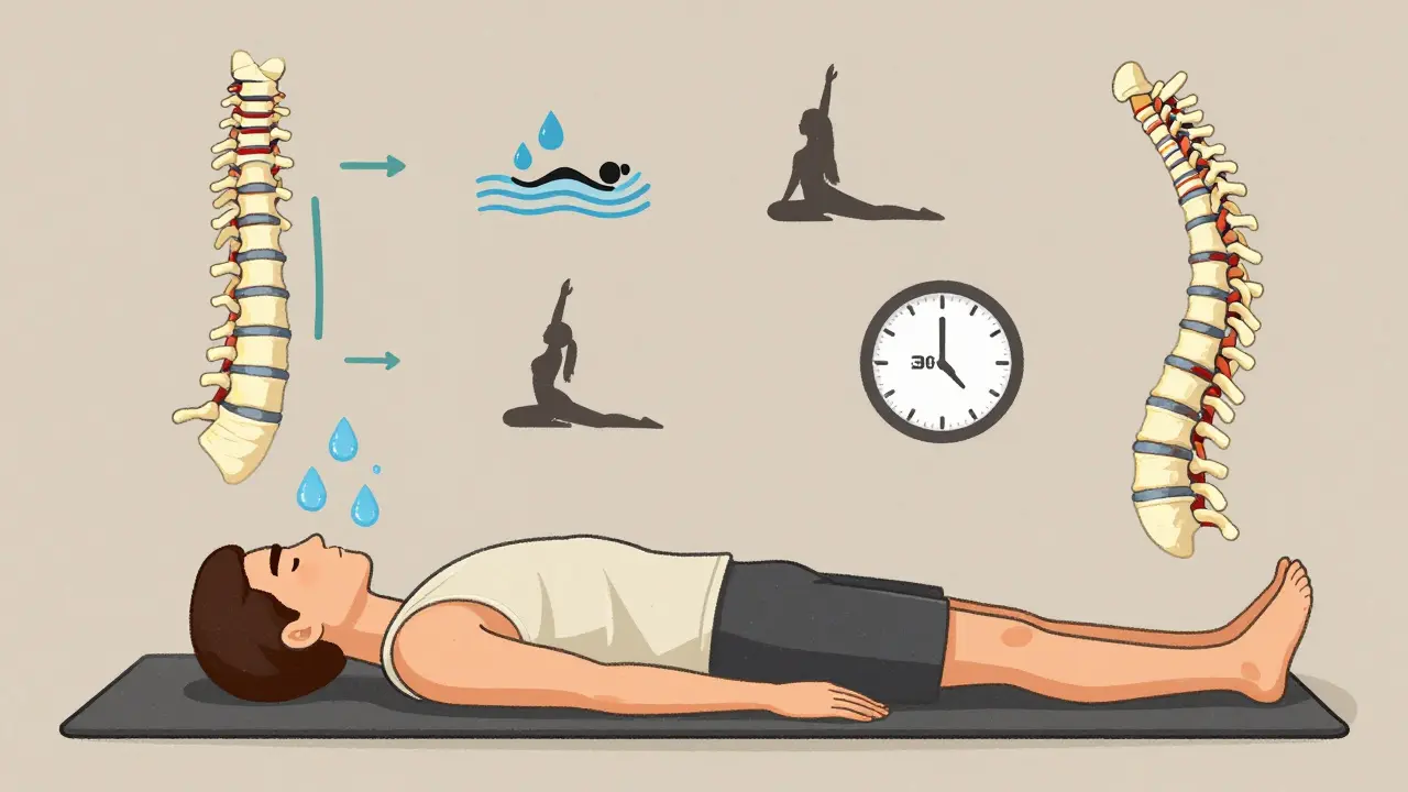 Person performing spinal extension exercises with floating icons for swimming, yoga, and time tracking, showing mobility strategies for AS.