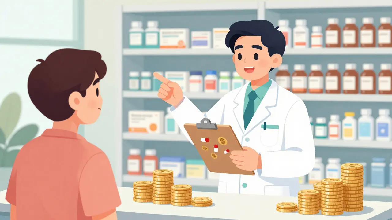 Pharmacist and patient reviewing affordable medication options