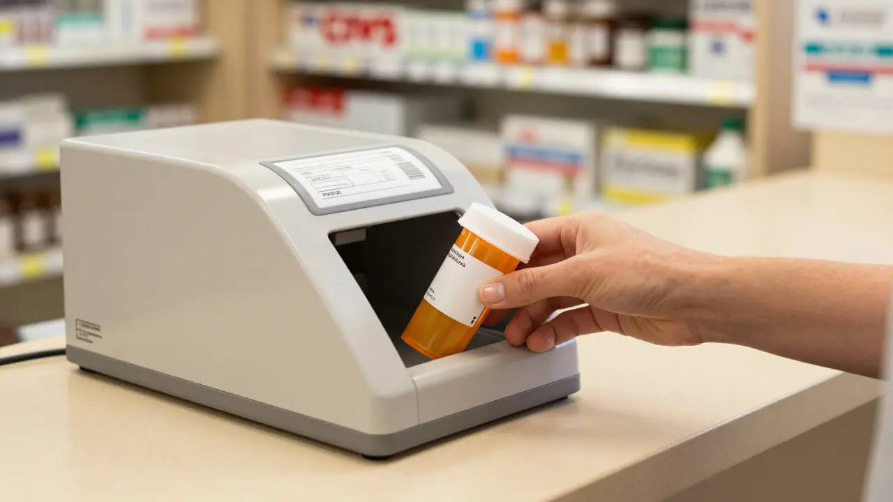 Pharmacy label removal station assisting safe bottle disposal.