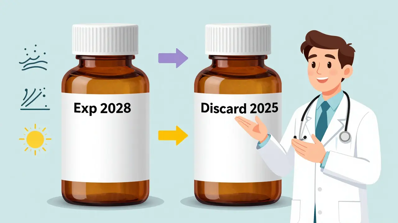Side-by-side comparison of manufacturer and pharmacy expiration labels, with symbols showing why the pharmacy label takes precedence.