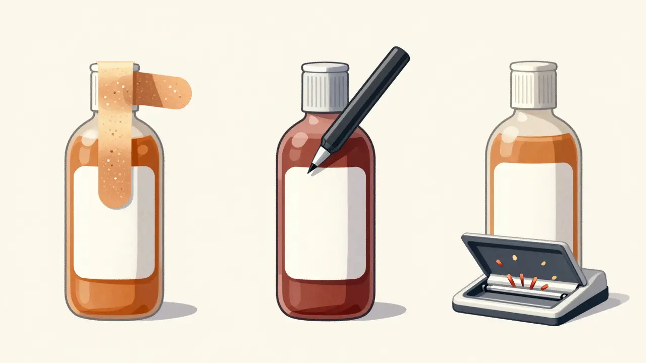 Three methods: solvent, marker, shredder for prescription label removal.