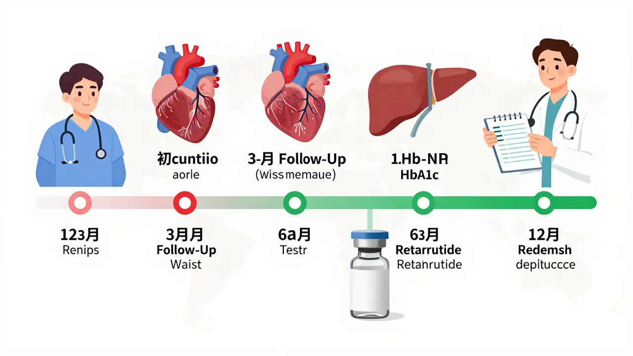 Timeline of a patient's 12-month medical weight management journey with key health milestones and medication progress.