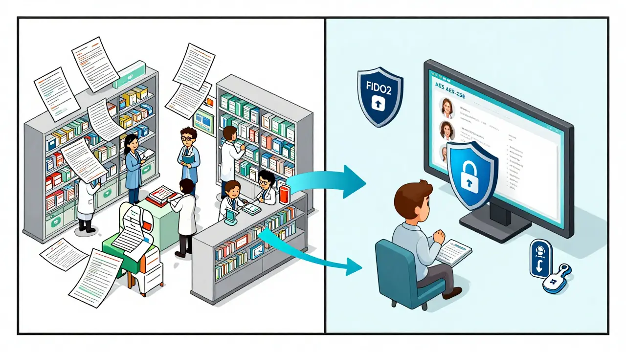 Two sides comparing chaotic disconnected pharmacies versus a unified digital system with encryption and secure data flow.
