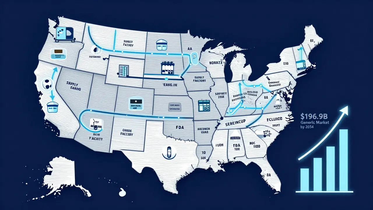 U.S. supply chain map showing drug manufacturing shifting from overseas to domestic facilities with rising market value chart.