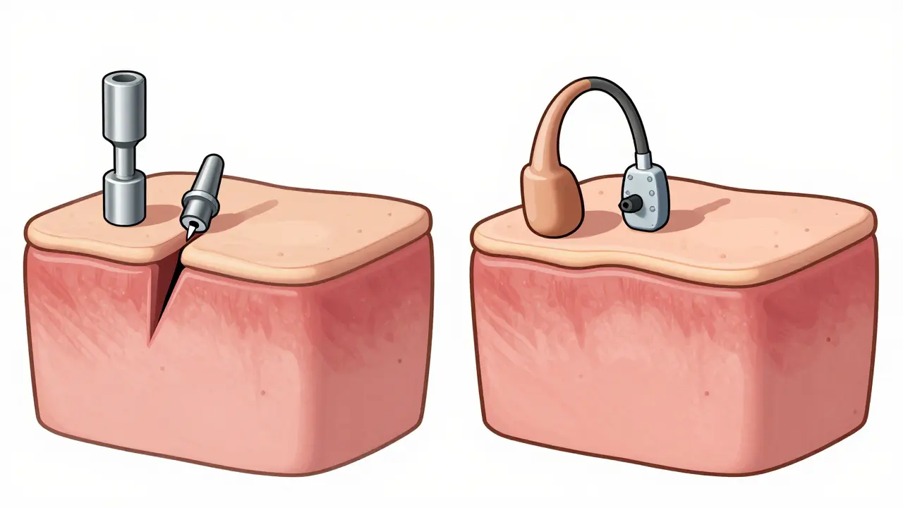 Comparison of abutment and magnetic bone conduction implants.