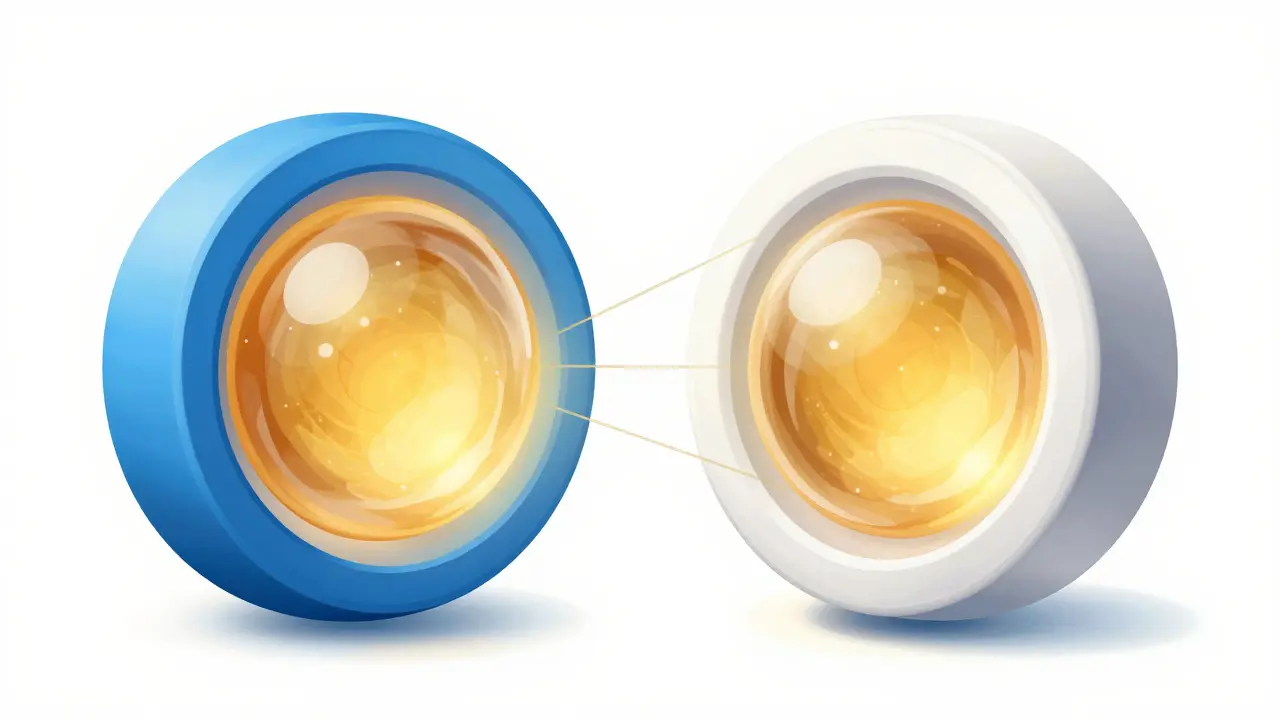 Cross-section of two pills showing identical cores and different coatings.