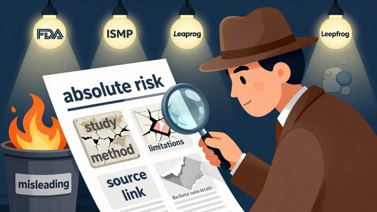 Detective analyzing a media report, uncovering missing safety details, with trusted health sources glowing nearby.