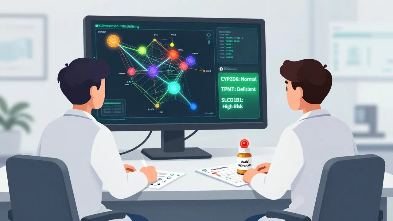 Doctor and patient reviewing a genetic map showing key drug metabolism genes and personalized medication recommendations.