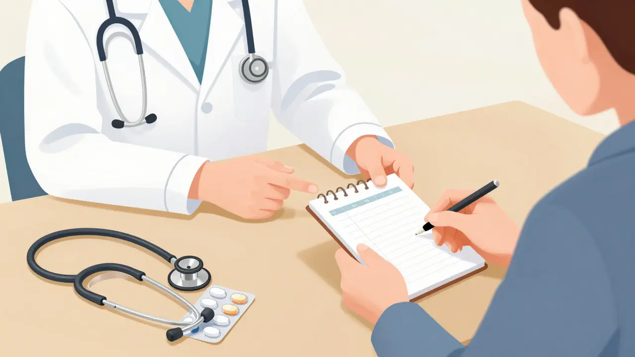 Doctor discussing medication monitoring with a patient holding notes.