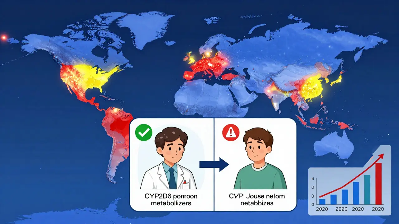 Global map highlighting genetic differences in drug metabolism across populations with contrasting treatment outcomes.