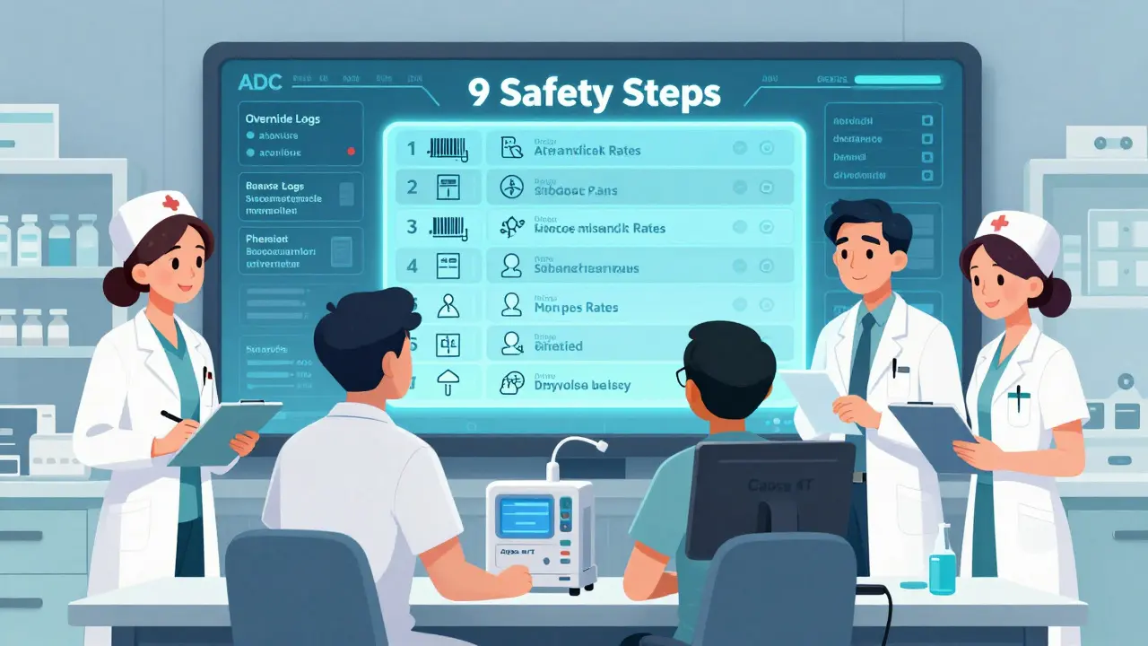 Healthcare team reviewing ADC data dashboard with safety steps displayed, beside a compact countertop dispensing unit.