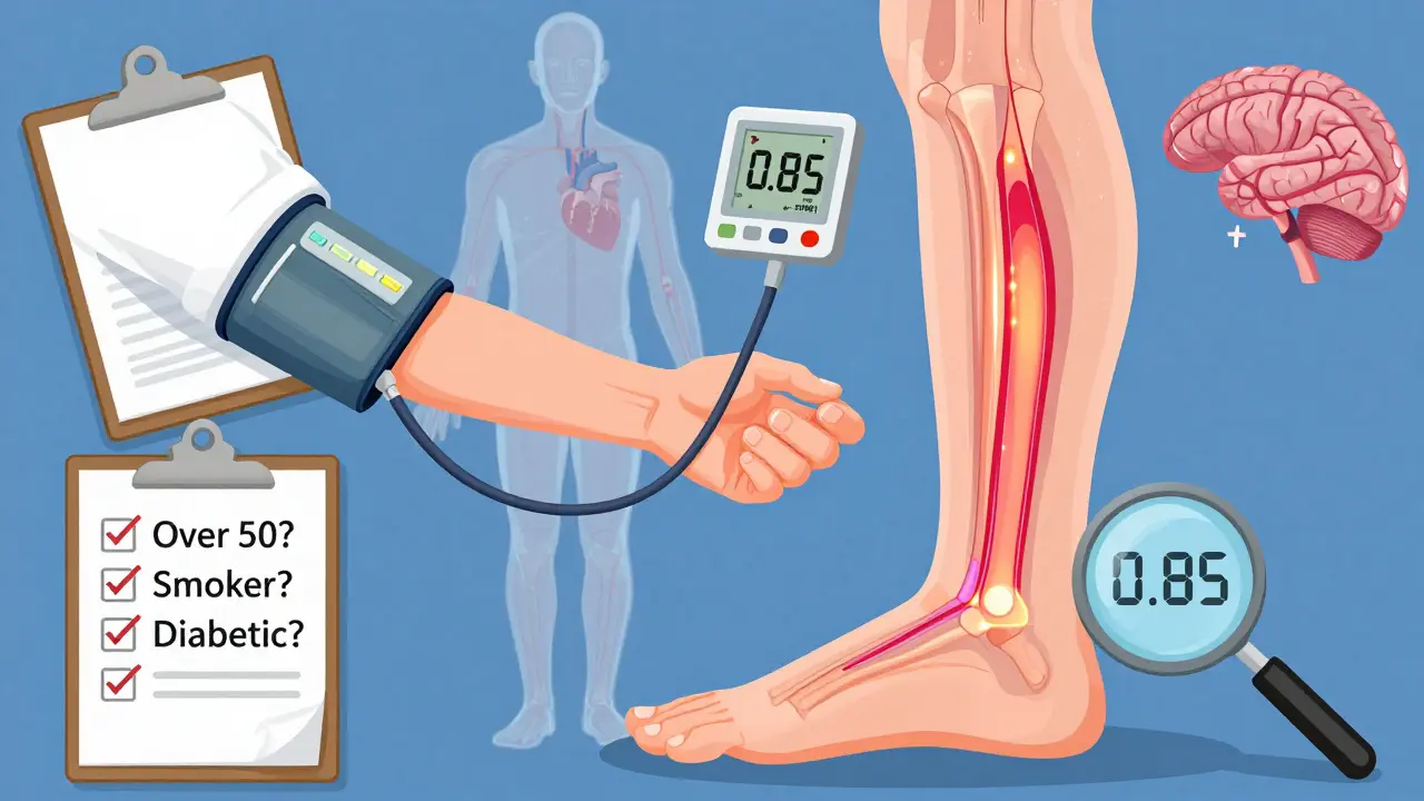 Medical professional performing ABI test with digital readout showing arterial blood pressure ratio