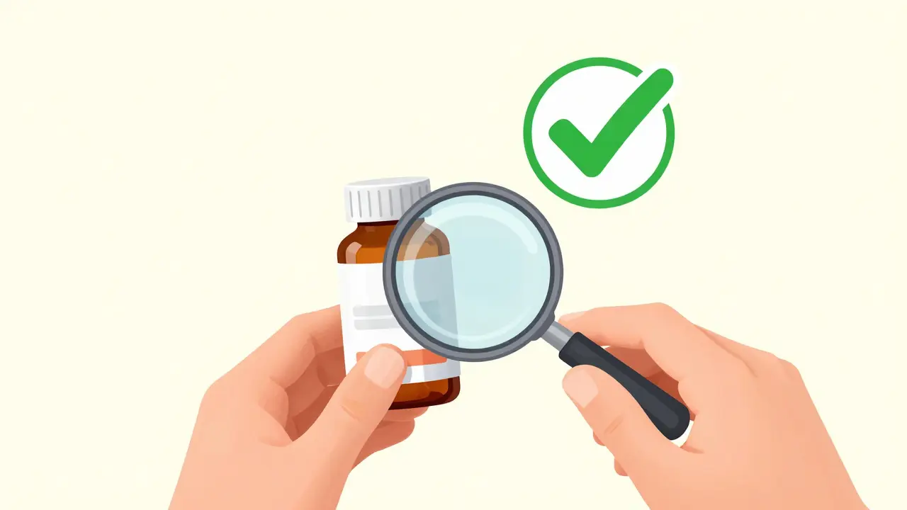 Person checking medicine labels with magnifying glass and safety checkmark.