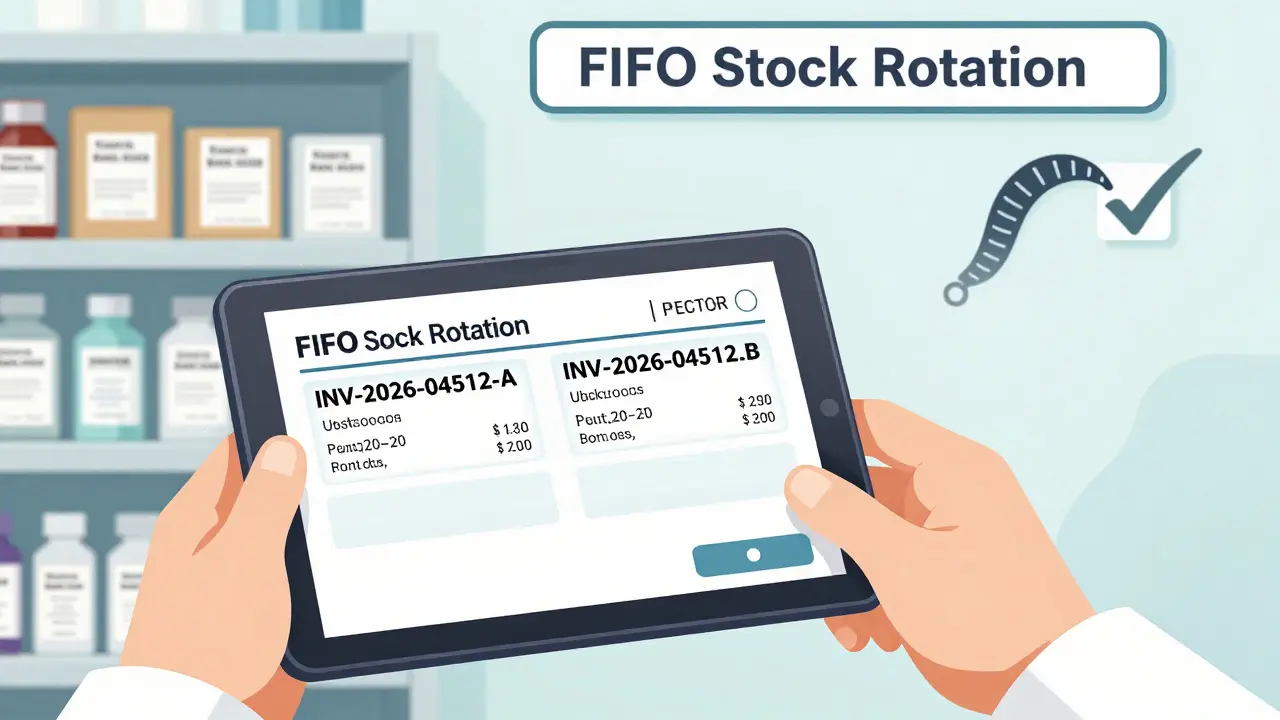 Pharmacist viewing two separate invoices for a split prescription, with FIFO stock rotation and error-reduction symbols in background.