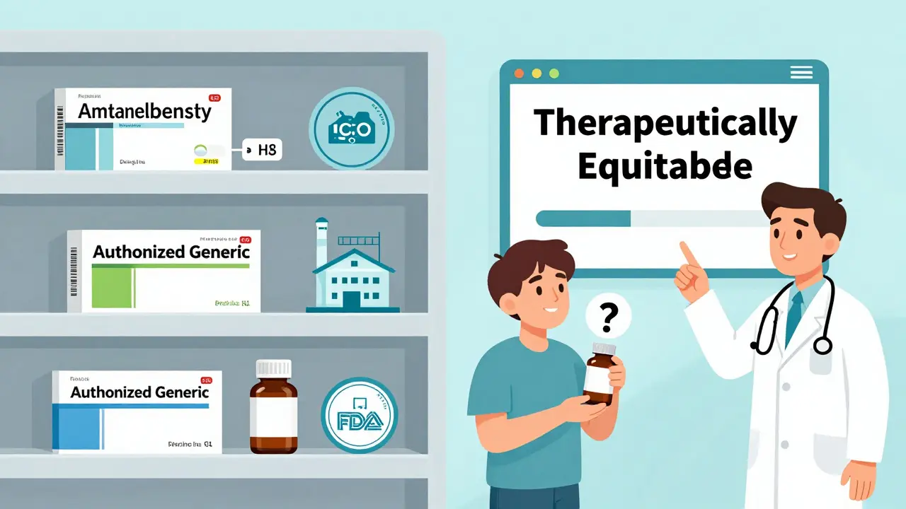 Pharmacy shelf comparison between branded drug and authorized generic with FDA and price icons.