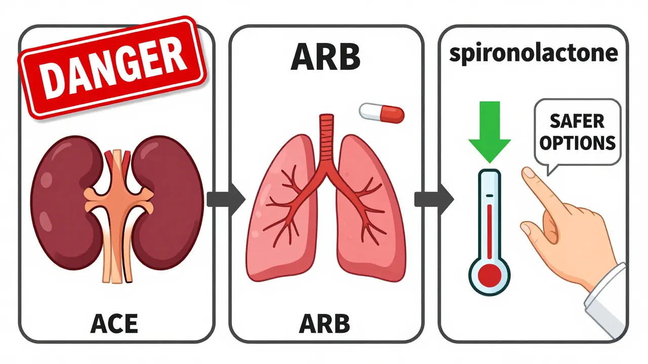 Safe alternatives diagram: ACE inhibitor with spironolactone and diuretic, showing reduced proteinuria and stable potassium levels.
