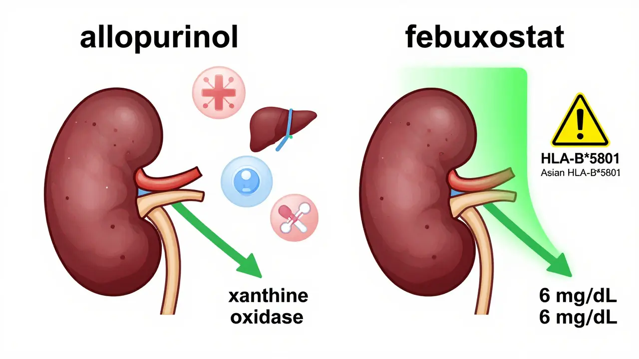 Side-by-side comparison of allopurinol and febuxostat blocking uric acid production in healthy and impaired kidneys.