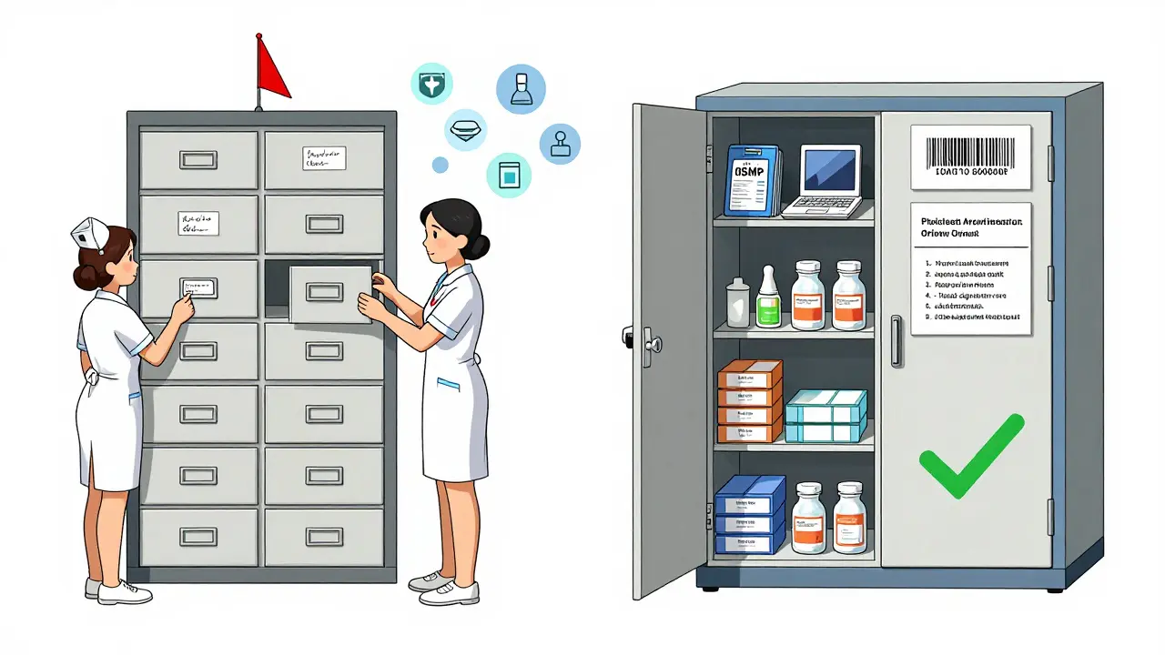Side-by-side comparison of poorly configured vs. properly configured automated dispensing cabinets with safety features highlighted.