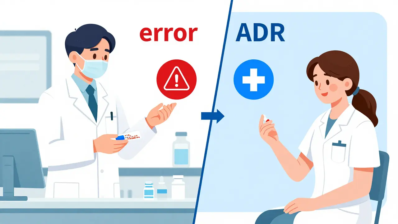 Split scene comparing medication error from misprinted label versus adverse drug reaction from correct dosage.