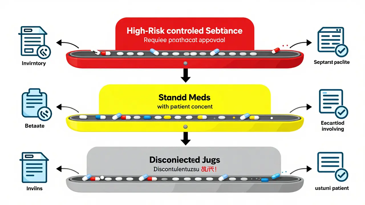 Three-tiered pharmacy workflow system showing controlled, standard, and discontinued medications with icons for approval and alerts.