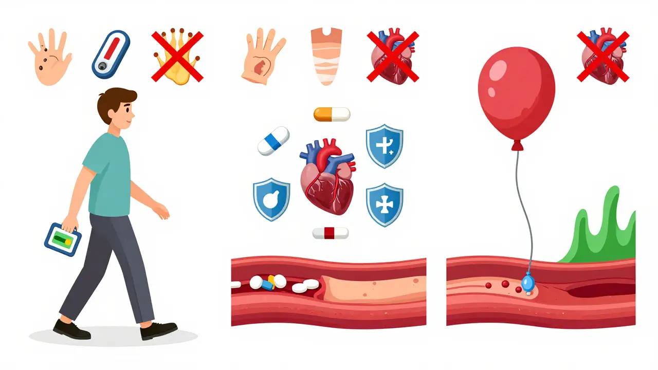 Three treatment pathways for PAD: lifestyle change, medication, and balloon angioplasty with restored blood flow