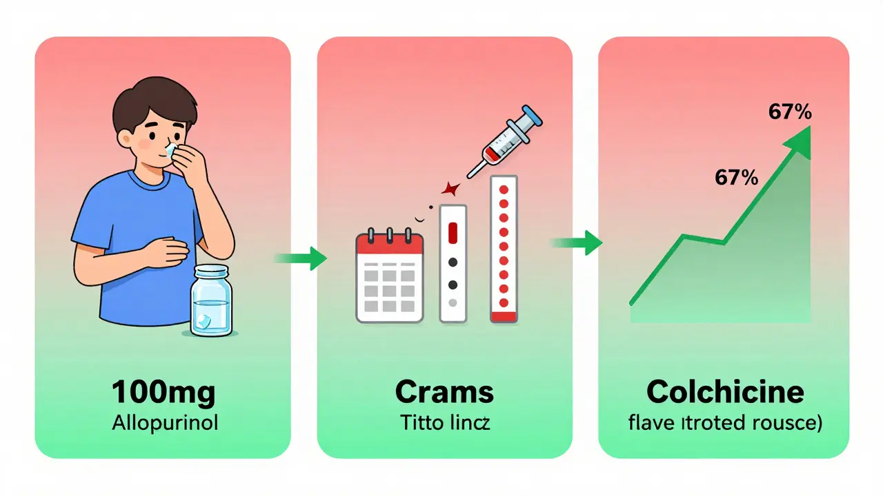 Timeline of gout treatment progress showing dose titration, blood testing, and crystal dissolution with improved success rates.