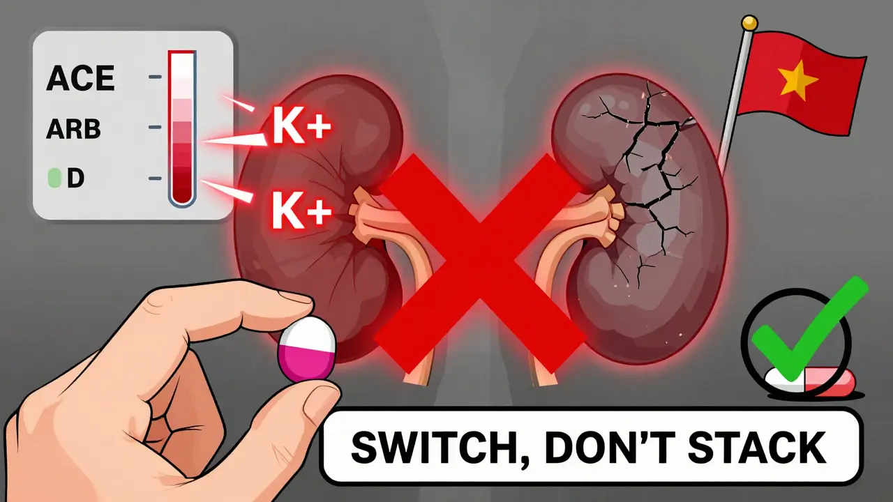 Warning illustration showing dangerous side effects of combining ACE inhibitors and ARBs: high potassium, kidney damage, and hospital alert.