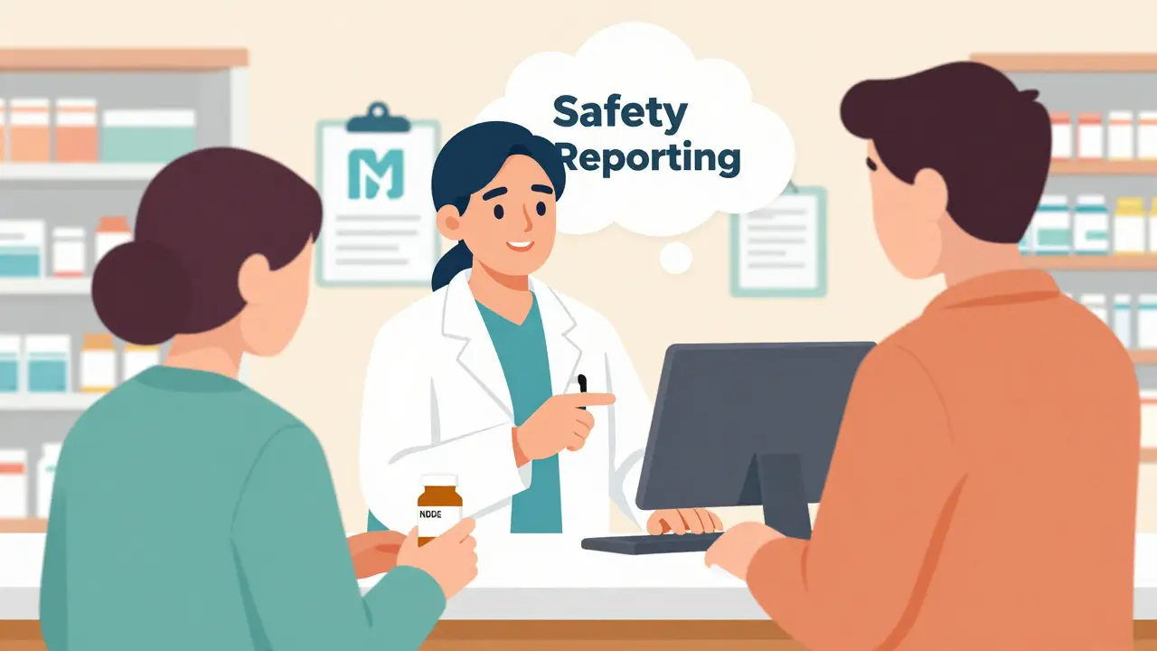 A patient and pharmacist discussing medication details at a pharmacy counter.