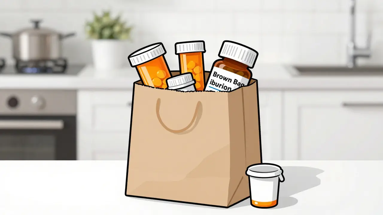 Cartoon illustration of various prescription and OTC medication bottles being placed into a brown paper bag.