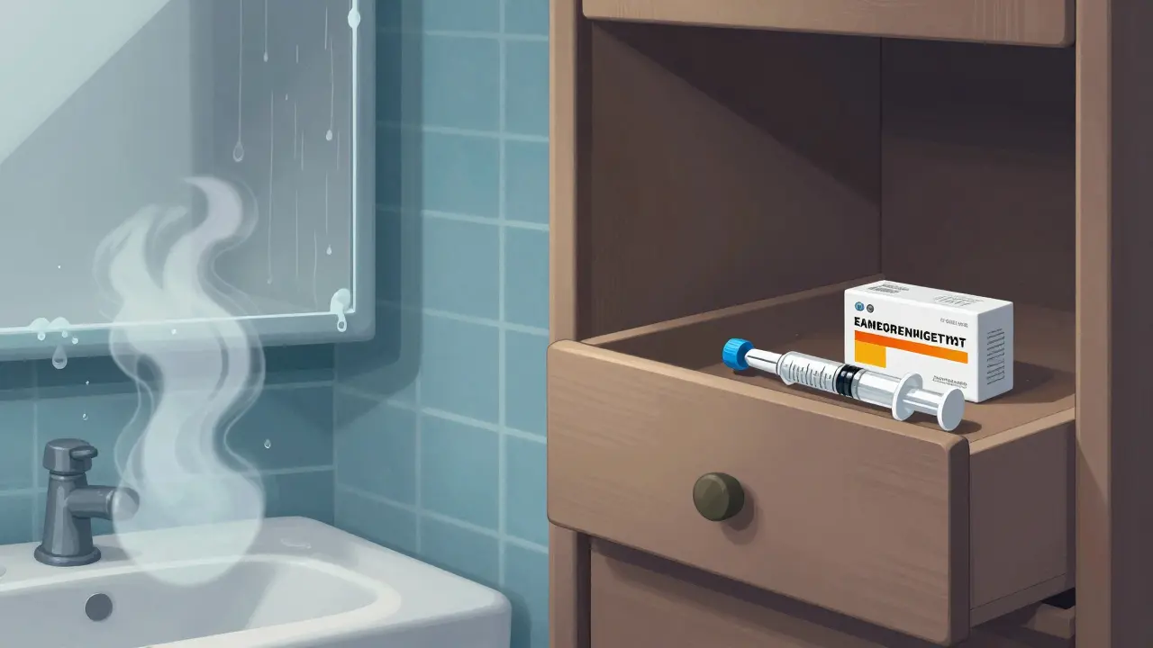 Cartoon scene showing proper cool storage versus humid bathroom conditions