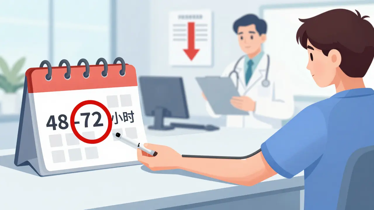 Clinical scene of a patient getting an INR blood test with a monitoring calendar nearby.