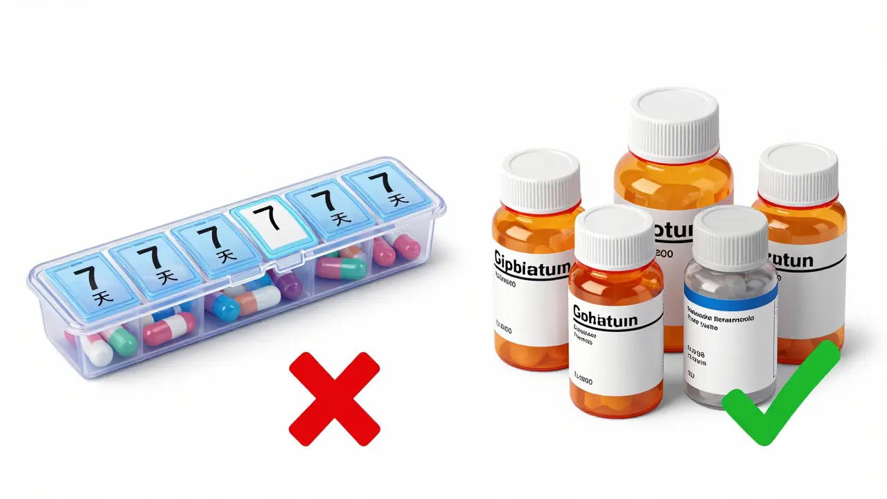 Comparison illustration showing a pill organizer versus original pharmacy bottles with a checkmark.