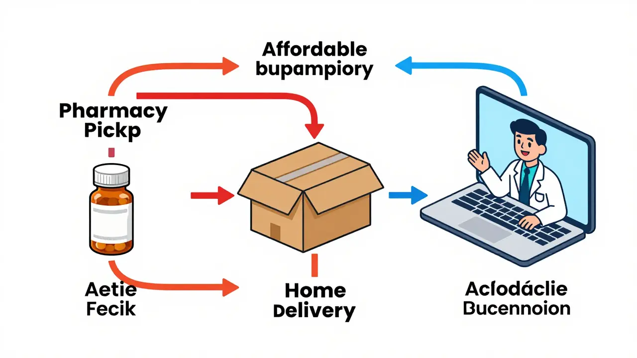 Conceptual flow chart showing pharmacy pickup, home delivery, and telemedicine options.