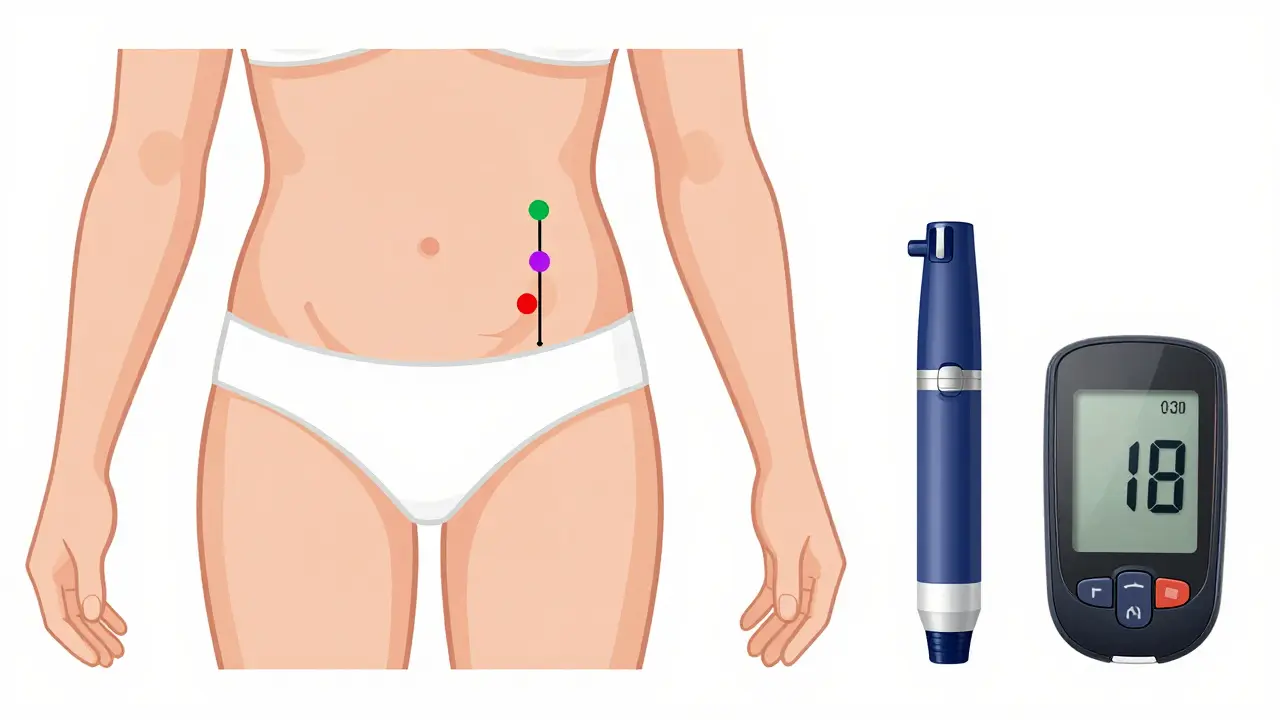 Diagram showing recommended rotation sites for insulin injections on the body