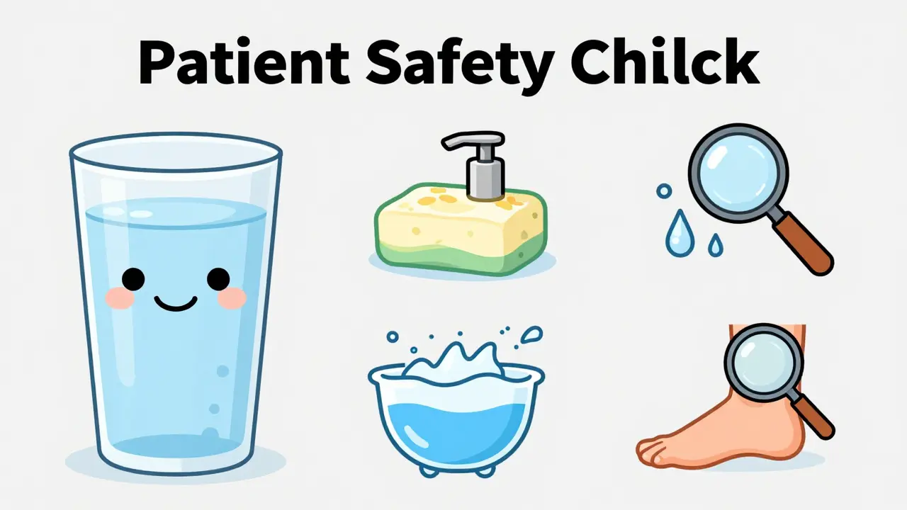 Icons representing hydration, hygiene, and foot care for diabetes patients