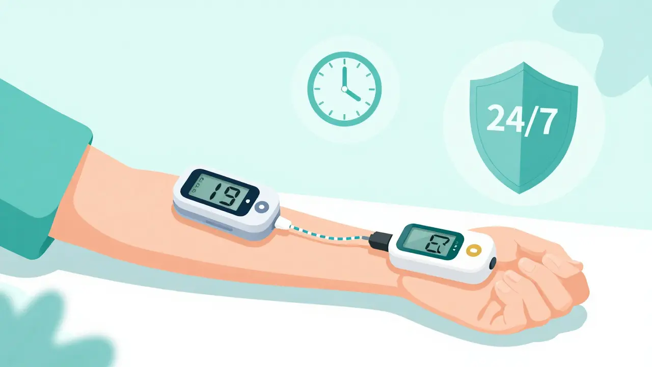Illustration of a continuous glucose monitor and insulin pump closed-loop system