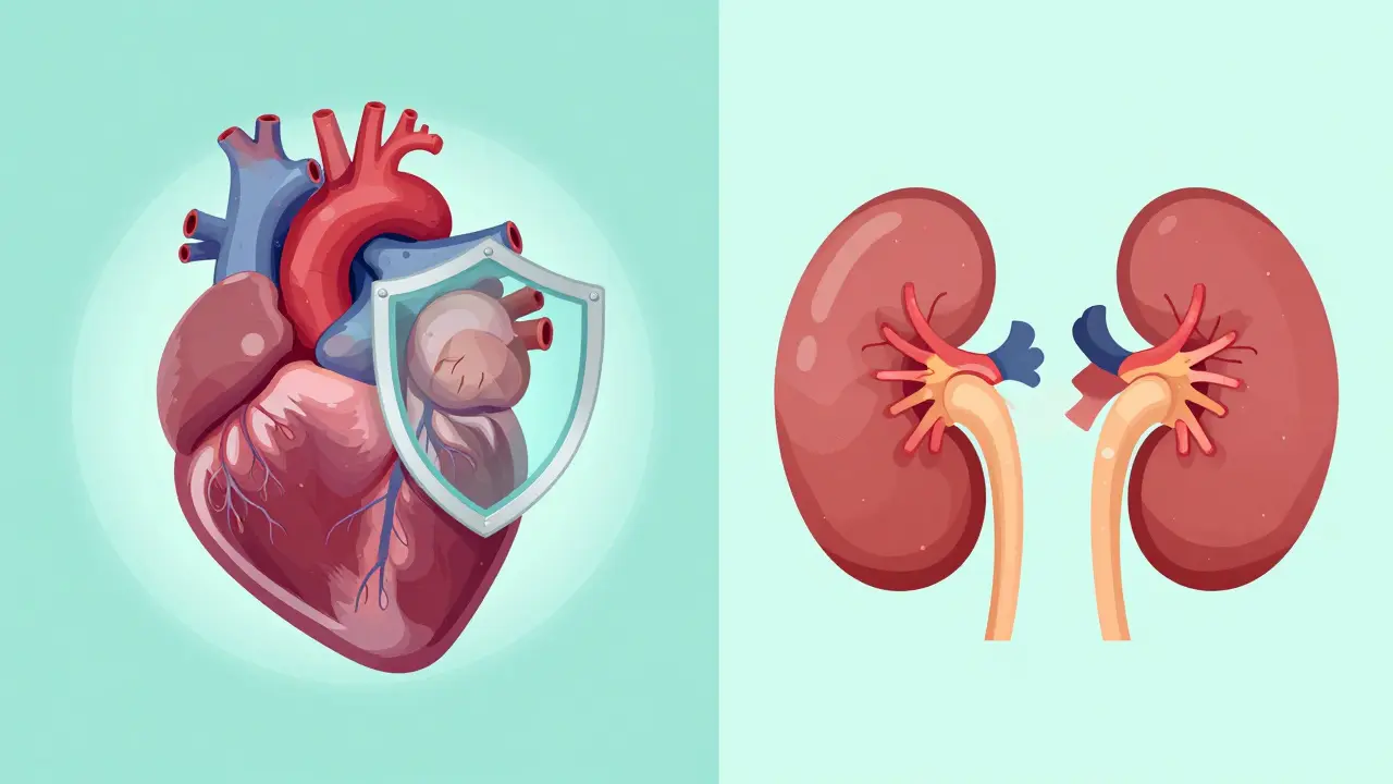 Illustration of a heart and kidney protected by glowing shields